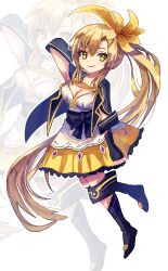 Rule 34 | 1girl, blonde hair, blue coat, breasts, cleavage, coat, dress, flower, full body, hair flower, hair ornament, highres, long hair, mahou shoujo madoka magica, mahou shoujo madoka magica magia exedra, plusplushm, skirt, solo, strapless, strapless dress, very long hair, yellow eyes, yellow skirt, yusa hazuki