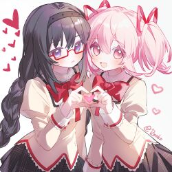 2girls absurdres akemi_homura black_hair black_hairband black_skirt bow bowtie braid commentary glasses hairband heart heart_hands heart_hands_duo highres jacket juliet_sleeves kaname_madoka long_hair long_sleeves looking_at_viewer mahou_shoujo_madoka_magica mitakihara_school_uniform multiple_girls open_mouth parted_lips pink_eyes pink_hair plaid_clothes plaid_skirt puffy_sleeves purple_eyes red-framed_eyewear red_bow red_bowtie ribbon roro_(lolo) school_uniform semi-rimless_eyewear short_hair simple_background skirt twin_braids twintails under-rim_eyewear very_long_hair white_background yellow_jacket