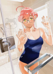 1girl absurdres against_glass ahoge alternate_costume alternate_hairstyle blue_one-piece_swimsuit commentary_request competition_school_swimsuit cowboy_shot double_bun glass_door green-framed_eyewear hair_bun highres kantai_collection makigumo_(kancolle) ojipon one-piece_swimsuit pink_hair school_swimsuit shower_head solo swimsuit watermark yellow_eyes