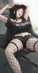 Rule 34 | 1girl, absurdres, akali, alternate breast size, arms up, baseball cap, black choker, black hair, black shirt, black shorts, blue eyes, breasts, chair, choker, commission, curvy, fishnet pantyhose, fishnets, hat, highres, k/da (league of legends), k/da akali, large breasts, league of legends, micro shorts, midriff, open mouth, panty straps, pantyhose, pixiv commission, shirt, shorts, sitting, solo, zhengwei (nobber)