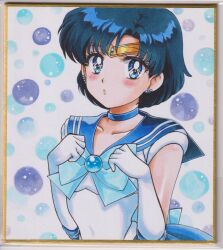 1girl :o back_bow bishoujo_senshi_sailor_moon blue_choker blue_eyes blue_hair blue_sailor_collar bow bubble choker collarbone commentary earrings elbow_gloves gloves highres jewelry looking_at_viewer magical_girl mizuno_ami sailor_collar sailor_mercury sailor_senshi_uniform short_hair skirt solo stud_earrings traditional_media user_kztc4472 white_gloves