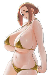 1girl bikini blush breasts brown_eyes brown_hair gold_bikini golden_week_bikini hair_bun half_updo highres huge_breasts kaii_to_otome_to_kamikakushi lips looking_at_viewer mole mole_under_eye nujima ogawa_sumireko shiny_skin short_hair skindentation swimsuit thick_eyebrows