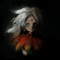 1girl black_background colored_tips dress eyes_in_shadow facial_mark forehead_mark forehead_tattoo fossilized_wonders fringe-trimmed_capelet glowing glowing_eyes grey_eyes highres houjuu_chimi kozumi_(tokuni_naitteba) leaf_clothing long_hair looking_at_viewer messy_hair multicolored_hair open_mouth parted_bangs red_leaf sleeveless smile solo touhou triangle triangle_facial_mark white_hair