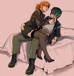 2girls black_boots black_dress black_jacket black_shoes black_thighhighs blush boots closed_mouth commentary commission dress english_commentary eyepatch garter_straps green_hair green_pants grey_tank_top high_heels highres jacket jujutsu_kaisen kugisaki_nobara lumen_sky multiple_girls orange_hair pants ponytail scar scar_on_arm scar_on_face scar_on_neck shoes short_hair sitting sitting_on_lap sitting_on_person smile tank_top thighhighs yuri zen&#039;in_maki
