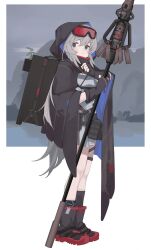 Rule 34 | 1girl, ankle boots, arknights, black boots, black eyes, black gloves, black socks, boots, commentary, expressionless, full body, gloves, goggles, goggles on head, grey hair, hair between eyes, highres, holding, hood, hood up, infection monitor (arknights), kneehighs, long hair, mulberry (arknights), saiy0u, single kneehigh, single sock, ski goggles, socks, solo, standing, thigh strap