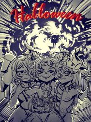 4girls :3 absurdres american_flag animal_ears candy chinese_commentary clownpiece commentary_request cowboy_shot crystal dated dress explosion fang fang_out fire flandre_scarlet floppy_ears food grin halloween hat highres horizontal_pupils horn_ornament horn_ribbon horns inaba_tewi jack-o&#039;-lantern jester_cap kine long_hair looking_at_viewer mallet meandros mob_cap monochrome multiple_girls neck_ruff patterned_clothing qiyue_qi rabbit_ears rectangular_pupils ribbon sharp_teeth sheep_horns short_hair signature silhouette slit_pupils smile teeth torch touhou toutetsu_yuuma wings yellow_theme