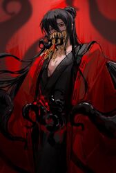 1boy abaabaaba93812 black_hair black_hanfu blood blood_on_chest blood_on_clothes chinese_clothes chinese_commentary coat coin coin_mask covered_mouth creature dao_gui_yi_xian hair_between_eyes hair_bun half_updo hanfu highres holed_coin injury li_huowang li_sui_(tentacles) long_hair long_sleeves looking_at_viewer male_focus mask mouth_hold mouth_veil open_clothes open_coat pectoral_cleavage pectorals red_background red_coat red_eyes red_theme robe single_hair_bun solo tentacle_in_mouth tentacles tentacles_on_male tentacles_under_clothes veil very_long_hair