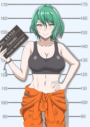 Rule 34 | 1girl, absurdres, ahoge, black sports bra, breasts, closed mouth, collarbone, commentary request, cowboy shot, cuffs, dead or alive, dead or alive xtreme, dead or alive xtreme venus vacation, english text, green hair, hand on own hip, handcuffs, highres, large breasts, linea alba, looking at viewer, midriff, mugshot, multicolored hair, navel, pink hair, prison clothes, prisoner, shackles, short hair, smile, solo, sports bra, streaked hair, tamaki (doa), yagiuo1227, yellow eyes
