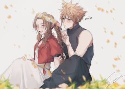 1boy 1girl aerith_gainsborough baggy_pants bare_shoulders blonde_hair blue_eyes blush braid braided_ponytail brown_hair closed_eyes cloud_strife couple cropped_jacket dress falling_petals feet_out_of_frame final_fantasy final_fantasy_vii final_fantasy_vii_rebirth final_fantasy_vii_remake flower grey_pants grey_shirt hair_between_eyes hair_ribbon hand_in_another&#039;s_hair head_wreath hetero highres jacket long_dress long_hair open_mouth pants parted_bangs petals pink_dress pink_ribbon red_jacket ribbon shirt short_hair short_sleeves sidelocks signature single_braid sitting sleeveless sleeveless_turtleneck smile spiked_hair turtleneck yellow_flower yellow_petals yuu_crazy_doll_sae