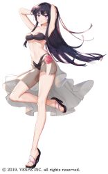 Rule 34 | 1girl, armpits, arms behind head, arms up, bandeau, bare arms, bare legs, bare shoulders, bikini, black bikini, black hair, black sandals, breasts, cleavage, closed mouth, collarbone, commentary request, floating hair, full body, high heel sandals, high heels, highleg, highleg bikini, highres, hwansang jungdog, king&#039;s raid, korean commentary, large breasts, leg up, long hair, looking at viewer, mixed-language commentary, navel, official art, partial commentary, purple eyes, sandals, sarong, see-through clothes, see-through sarong, seria (king&#039;s raid), sidelocks, solo, standing, standing on one leg, stomach, strapless, strapless bikini, swimsuit, thighs, transparent background, very long hair, wristband