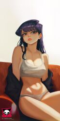 bare_hips bed_sheet breasts couch glowing glowing_eyes highres komi-san_wa_komyushou_desu komi_shouko large_breasts looking_to_the_side pale_skin purple_eyes purple_hair red_lips sitting solo themaker underwear