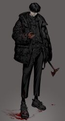 1boy axe belt black_belt black_eyes black_hair black_jacket black_shirt black_shoes black_sleeves black_socks blood blood_on_axe blood_on_clothes blood_on_face blood_on_ground blood_on_shoes bloody_weapon chain chain_necklace closed_mouth earrings full_body grey_background highres holding holding_axe holding_phone jacket jewelry komiya_kuniharu lips looking_at_phone male_focus necklace original parted_hair phone shirt shoes short_hair simple_background sneakers socks solo weapon