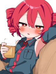 1girl alcohol arm_up beer blush breast_pocket bright_pupils buttons cup detached_sleeves drill_hair drinking_glass grey_shirt highres holding holding_cup kasane_teto kasane_teto_(utau) looking_at_viewer parted_lips pocket red_eyes red_hair shirt sitting sleeveless sleeveless_shirt solo twin_drills utau vvv_fnk white_pupils
