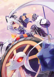 1girl animal_ears candle cannon cat_ears ein_(artist) ein_(long_cake) female_focus flat_chest gloves kooh long_hair mace pangya red_eyes ribbon silver_hair skirt skull solo striped thighhighs twintails weapon zettai_ryouiki