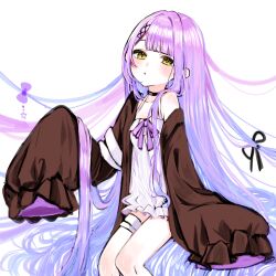 1girl absurdres alternate_hair_length alternate_hairstyle black_collar black_ribbon blunt_bangs bow cardigan chemise collar collarbone frilled_cardigan hair_bow hair_ornament hair_ribbon hairpin herz_25 highres long_hair long_sleeves multiple_hairpins puffy_long_sleeves puffy_sleeves purple_bow purple_hair purple_ribbon ribbon shinomiya_runa shinomiya_runa_(1st_costume) sitting solo thigh_strap very_long_hair very_long_sleeves virtual_youtuber vspo! white_background white_chemise yellow_eyes