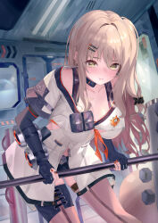 1girl absurdres black_gloves black_shorts blonde_hair blush breasts brown_hair cleavage commentary_request elbow_gloves fingerless_gloves girls&#039;_frontline girls&#039;_frontline_2:_exilium gloves hair_ornament hairclip hand_on_railing highres ieris indoors jacket k2_(girls&#039;_frontline) large_breasts leaning_forward long_hair medium_breasts micro_shorts nail_polish orange_nails pout shorts side_ponytail skindentation solo thighs very_long_hair white_jacket yellow_eyes yoohee_(girls&#039;_frontline_2)