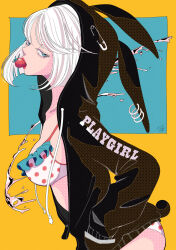 1girl animal_ears animal_hood aqua_eyes asymmetrical_hair bikini black_jacket bob_cut earrings embroidery_hoop food food_in_mouth frills fruit half-closed_eyes highres hood jacket jewelry leotard looking_at_viewer original playboy_bunny pop_art rabbit_ears rabbit_hood rabbit_tail safety_pin short_hair strawberry swimsuit tail white_hair yatsuki_natsumi