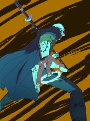 1boy back cape denim enaka67 feathered_cape feet_out_of_frame hand_tattoo hashtag-only_commentary hat highres holding holding_sword holding_weapon jeans male_focus one_piece pants solo sword tattoo trafalgar_law weapon