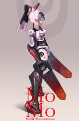 Rule 34 | 1girl, absurdres, black thighhighs, bow, breasts, dual wielding, english text, from side, full body, hair bow, hair over eyes, high heels, highres, holding, holding sword, holding weapon, humanoid robot, mecha musume, medium breasts, momo (optune), multicolored hair, nakakita kouji, no humans, optune, original, pink hair, ponytail, robot, robot girl, science fiction, second-party source, sidelocks, simple background, solo, standing, sword, thighhighs, two-tone hair, weapon, wrist cuffs