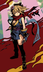 Rule 34 | 1girl, black eyes, black sandals, black thighhighs, blue dress, breasts, brown hair, cleavage, closed mouth, commentary request, crescent, dagger, dress, dual wielding, full body, green background, holding, holding dagger, holding knife, holding weapon, knife, kunai, large breasts, looking at viewer, medium hair, meranie, ninja (ragnarok online), no sclera, obi, obijime, pink background, pinwheel hair ornament, purple sash, ragnarok online, red background, red scarf, reverse grip, sandals, sash, scarf, short dress, sleeveless, sleeveless dress, smile, solo, standing, thighhighs, vambraces, weapon