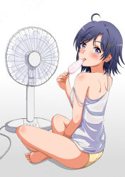 Rule 34 | 1girl, ahoge, ass, bare shoulders, barefoot, blue hair, blush, camisole, commentary request, electric fan, food, from behind, full body, gradient background, grey background, hair ornament, highres, hikigaya komachi, holding, holding food, holding ice cream, ice cream, indian style, konoyan, licking, looking at viewer, looking back, panties, purple eyes, short hair, shoulder blades, sitting, solo, spaghetti strap, strap slip, thighs, toes, tongue, tongue out, underwear, white camisole, x hair ornament, yahari ore no seishun lovecome wa machigatteiru., yellow panties