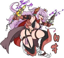 1girl armored_boots bikini black_bikini black_thighhighs boots breasts brown_horns card cigarette commentary_request dagger dual_wielding full_body garter_straps gauntlets gem guillotine_cross_(ragnarok_online) holding holding_dagger holding_knife holding_weapon horns knife long_hair looking_afar medium_breasts navel on_one_knee open_mouth pink_gemstone ragnarok_iris ragnarok_online red_scarf scarf simple_background smile solo swimsuit thighhighs tongue tongue_out very_long_hair weapon white_background