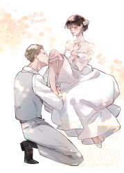 1boy 1girl black_hair blonde_hair blush breasts closed_eyes dress earrings gold_earrings groom high_heels highres jewelry long_hair long_sleeves open_mouth red_eyes shirt sidelocks spy_x_family tuxedo twilight_(spy_x_family) umini_ikukara yor_briar