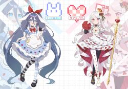 2girls absurdly_long_hair absurdres alice_(alice_in_wonderland) alternate_costume alternate_hairstyle animal aqua_halo aris_(blue_archive) asymmetrical_footwear asymmetrical_legwear black_choker black_pantyhose black_shoes blue_archive blue_dress bow bowtie breasts character_name checkered_background checkered_clothes checkered_pantyhose choker cleavage clothes_lift commentary_request cosplay crown dress dress_lift frilled_choker frills full_body hair_bow halo highres holding holding_animal holding_rabbit holding_scepter long_hair long_sleeves mismatched_footwear mismatched_legwear multiple_girls pantyhose puffy_long_sleeves puffy_short_sleeves puffy_sleeves rabbit red_bow red_bowtie red_eyes red_halo scepter shoes short_sleeves small_breasts standing striped_clothes striped_pantyhose twintails very_long_hair white_background white_dress white_hair white_pantyhose white_shoes wrist_cuffs wuqi_wupenguin zoom_layer