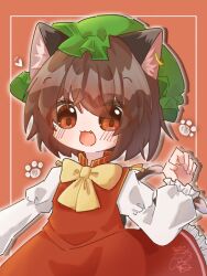 1girl :3 :d animal_ear_fluff animal_ear_piercing animal_ears blush bow bowtie brown_eyes brown_hair cat_ears cat_tail chen commentary_request cowboy_shot dot_nose earrings eyes_visible_through_hair fang frills hair_between_eyes hand_up happy hat jewelry long_sleeves mob_cap motimotinosiro multiple_tails nekomata open_mouth outer_glow paw_print paw_print_background petticoat puffy_long_sleeves puffy_sleeves red_background red_eyes red_skirt red_vest short_hair signature simple_background single_earring skirt skirt_set smile solo swept_bangs tail touhou two_tails vest yellow_bow yellow_bowtie