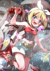 1girl :d bare_shoulders blonde_hair blue_eyes blush bow_hairband commentary_request eyelashes hair_between_eyes hairband happy highres hisuian_zoroark holding irida_(pokemon) irida_(special_costume)_(pokemon) musical_note musical_staff navel nintendo official_alternate_costume open_mouth outdoors pokemon pokemon_(creature) pokemon_masters_ex rorretsim shirt short_hair shorts smile snowflakes snowing strapless strapless_shirt white_hairband