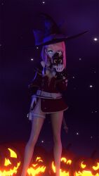 1girl 3d aqua_eyes bare_legs blender_(medium) breasts burryfuzz camera charlotte_(genshin_impact) female_focus genshin_impact glasses halloween hat highres holding holding_camera jack-o&#039;-lantern legs medium_breasts naked_suspenders night nipple_slip nipples pink_hair pumpkin suspenders witch_hat