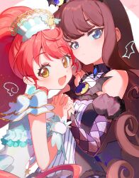 2girls :&lt; :d ahoge angel_and_devil angel_wings argyle_clothes argyle_sleeves arm_cuffs bare_shoulders blue_eyes blue_gemstone blue_wrist_cuffs brooch brown_hair closed_mouth commentary demon_wings detached_sleeves drawn_wings expressionless fingernails frills gem glitter high_ponytail holding_hands hou_(ppo) idol_clothes interlocked_fingers jewelry kurosu_aroma long_hair looking_at_viewer multiple_girls open_mouth pink_background ponytail pretty_series pripara purple_sleeves red_eyes shiratama_mikan simple_background sleeveless smile star_(symbol) sun_symbol symbol-only_commentary two-tone_background upper_body white_background white_wrist_cuffs wings wrist_cuffs yellow_eyes