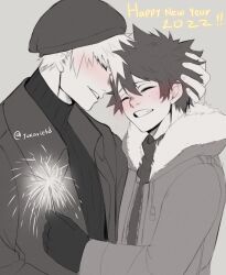 2022 2boys arm_up bakugou_katsuki beanie blush boku_no_hero_academia closed_eyes coat collared_coat commentary double-parted_bangs english_commentary fireworks forehead-to-forehead freckles fur-trimmed_hood fur_trim gloves greyscale grin hair_between_eyes hand_on_another&#039;s_head happy_new_year hat heads_together highres holding holding_fireworks hood hood_down hooded_coat male_focus midoriya_izuku monochrome multiple_boys new_year open_clothes open_coat shirt smile sparkler spot_color turtleneck twitter_username unzipped upper_body wing_collar yaoi yukarietd zipper