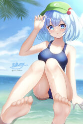 1girl absurdres barefoot blue_eyes blue_hair blush breasts day hair_bobbles hair_ornament hat highres hyakuya_iori kawashiro_nitori looking_at_viewer medium_breasts ocean open_mouth outdoors school_swimsuit short_hair signature smile swimsuit touhou twitter_username two_side_up water
