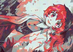 1girl black_shirt carmen_(project_moon) coat collared_shirt commentary grey_background high_ponytail lab_coat limited_palette lobotomy_corporation long_hair long_sleeves looking_at_viewer lying medu_(rubish) on_back on_grass open_mouth ponytail project_moon red_eyes red_hair shirt simple_background solo upper_body white_coat