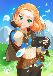 Rule 34 | 1girl, arutarika (ri kaoekaki), black pants, blonde hair, blue shirt, braid, cape, crown braid, dated, fingerless gloves, gloves, green eyes, hair ornament, hairclip, hand in own hair, highres, holding, looking at viewer, mountain, nintendo, outdoors, pants, petals, pouch, princess zelda, sheikah slate, shirt, short hair, signature, smile, the legend of zelda, the legend of zelda: tears of the kingdom, twitter username