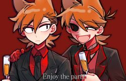 2boys :d antenna_hair black_jacket black_sclera brown_eyes brown_hair burn_scar buttons buwangchuxingaoyixin chinese_commentary closed_mouth collared_shirt colored_sclera commentary_request cup drinking_glass dual_persona eddsworld english_text fang future_tord_(eddsworld) hair_behind_ear hair_between_eyes hair_horns hand_on_another&#039;s_shoulder hand_up hands_up highres holding holding_cup jacket lapels light_frown looking_at_another male_focus mechanical_arms medium_hair mismatched_sclera multiple_boys open_mouth red_background red_shirt red_vest scar shirt simple_background single_mechanical_arm smile swept_bangs time_paradox tongue tord_(eddsworld) uneven_eyes upper_body vest wine_glass