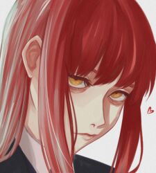 business_suit chainsaw_man choppy_bangs formal_clothes gozuu heart highres long_hair long_sidelocks looking_at_viewer makima_(chainsaw_man) portrait red_hair ringed_eyes sidelocks suit white_background yellow_eyes