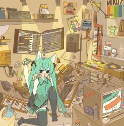 1girl 1other 39 @_@ alarm_clock animal_ear_fluff animal_ears aqua_hair aqua_trim aqua_vest bare_shoulders black_arm_warmers black_skirt black_thighhighs blue_necktie blush boyfriend_(friday_night_funkin&#039;) camera cat_ears cat_girl cat_tail cd clock collar computer_keyboard crt detached_sleeves friday_night_funkin&#039; frilled_collar frills full_body hair_between_eyes hatsune_miku headphones highres instrument kemonomimi_mode keyboard_(instrument) launchpad_(controller) long_hair looking_at_another mike_no_hito necktie no_shoes panties parappa parappa_the_rapper phonograph pleated_skirt poster_(object) sitting skirt speaker spring_onion striped_clothes striped_panties tail thighhighs turntable twintails underwear upskirt vocaloid