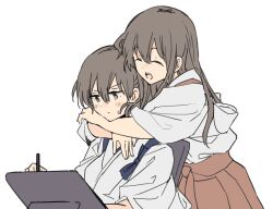 2girls ^_^ akagi_(kancolle) brown_eyes brown_hair closed_eyes hair_between_eyes hakama hakama_short_skirt hakama_skirt highres hug hug_from_behind japanese_clothes jitome kaga_(kancolle) kantai_collection long_hair multiple_girls red_hakama red_skirt side_ponytail simple_background skirt tablet_pc takamachiya tasuki white_background