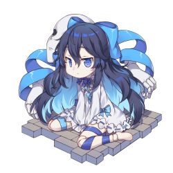 1girl bad_link blue_hair bow chibi closed_mouth dot_nose dress full_body hair_between_eyes hair_bow hand_between_thighs highres little_witch_nobeta long_hair long_sleeves official_art simple_background sitting solo tania_(little_witch_nobeta) very_long_hair wariza white_background white_dress