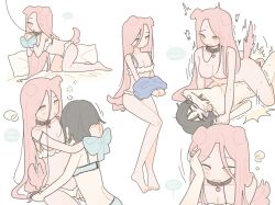 Rule 34 | 2girls, @ @, alien stage, animal collar, animal ears, bdsm, black hair, blue bow, blue bra, blue panties, bondage, bound, bound wrists, bow, bra, breasts, coldmeow, collar, commentary, dog ears, dog girl, dog tail, english text, femdom, girl on top, green eyes, highres, leash, mizi (alien stage), multiple girls, panties, pet play, pink hair, slave, sua (alien stage), tail, underwear, white bra, white panties, wrist bow, yuri
