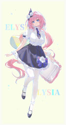 1girl absurdres alternate_costume black_necktie black_shoes black_skirt blue_eyes border bow breasts center_frills character_name collared_shirt commentary_request elysia_(honkai_impact) frills full_body hair_ornament highres honkai_(series) honkai_impact_3rd large_breasts long_hair looking_at_viewer necktie pantyhose parted_lips pink_hair pmg pointy_ears purple_bow shirt shoes short_sleeves skirt smile solo very_long_hair white_pantyhose white_shirt yellow_background yellow_border