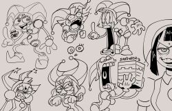 1girl :3 angry english_text full_body galactabee gloves hat highres index_finger_raised jester jester_cap looking_at_viewer monochrome multiple_views open_mouth pomni_(the_amazing_digital_circus) pulling_own_hair sharp_teeth short_hair smile surprised tears teeth the_amazing_digital_circus toon_(style)