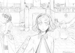 ass breasts dog_girl furry gensou_suikoden gensou_suikoden_ii headband highres indoors large_breasts long_hair looking_at_viewer monochrome multiple_girls nina_(suikoden) open_mouth oulan_(suikoden) sakai_(motomei) short_hair sketch smile