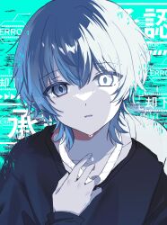 1boy absurdres black_sweater blue_eyes collarbone colored_skin commentary_request daifuku_mame_(kageroudt33) green_background grey_hair grey_skin hair_between_eyes heterochromia highres looking_at_viewer male_focus original sleeves_past_wrists solo sweater white_eyes wolf_cut