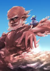 1boy 1girl arm_up bald beard blue_hair blue_sky brown_eyes cloud commentary_request day dress expressionless facial_hair fingernails hand_in_own_hair hara_(user_tvna7732) highres hood hood_down hoop kumoi_ichirin crossed_legs long_sleeves looking_at_viewer mustache outdoors short_hair sitting sitting_on_person sky touhou unzan white_dress