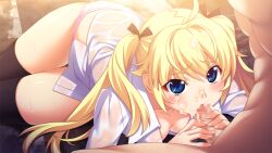 1boy 1girl abs ahoge bathroom black_ribbon black_thighhighs blonde_hair blue_eyes blush bottomless breast_press breasts censored cleavage collarbone collared_shirt completely_nude cum cum_in_mouth cum_on_body cum_on_hair cum_on_penis cum_overflow cumdrip dutch_angle erection eyebrows_hidden_by_hair faceless faceless_male facial fellatio fingernails frilled_panties frills furrowed_brow game_cg grisaia_(series) grisaia_no_kajitsu hair_between_eyes hair_flaps hair_intakes hair_over_shoulder hair_ribbon handjob hetero kazami_yuuji long_eyelashes long_fingernails long_hair long_sleeves looking_at_another lying matsushima_michiru medium_breasts messy_hair mixed-sex_bathing mosaic_censoring muscular muscular_male non-web_source nude official_art on_side oral panties parted_hair partially_unbuttoned penis pink_panties pov raised_inner_eyebrows ribbon see-through_clothes shared_bathing shirt sidelocks skindentation sparkling_eyes sweat thick_eyelashes thighhighs thighs toned toned_male twintails underwear watanabe_akio wet wet_clothes wet_shirt white_shirt wide-eyed