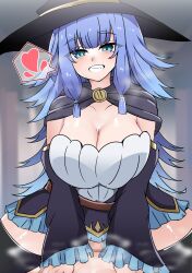 1boy 1girl absurdres black_hat black_thighhighs blue_eyes blue_hair blue_skirt blurry blurry_background blush breasts cape censored charlotte_wraith cleavage dress eyebrows_hidden_by_hair hat heart highres huge_breasts large_breasts long_hair looking_at_viewer lsheng mosaic_censoring open_mouth purple_cape purple_sleeves sex skirt smile spoken_heart steaming_body straddling teeth tensei_kizoku_kantei_skill_de_nariagaru thighhighs vaginal very_long_hair white_dress witch_hat