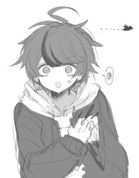 ... 1boy ? absurdres ahoge chinese_commentary clutching_chest commentary_request fuseru770 greyscale highres hood hood_down hoodie jacket jacket_over_hoodie looking_at_viewer male_focus monochrome multicolored_hair no_nose open_clothes open_jacket open_mouth short_hair sketch smile solo speech_bubble spoken_question_mark streaked_hair sumino_takumi sweat the_hundred_line_-last_defense_academy- upper_body wide-eyed
